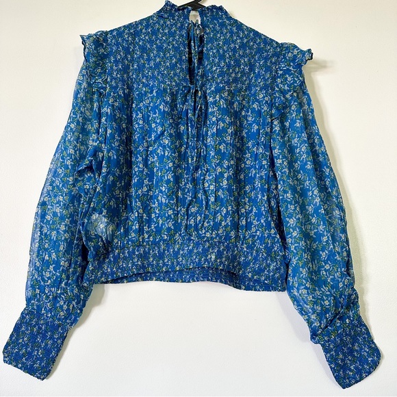 Free People Blue Floral Smocked Blouse - Long Sleeves - Back Double Tie/ S-M - Picture 6 of 6